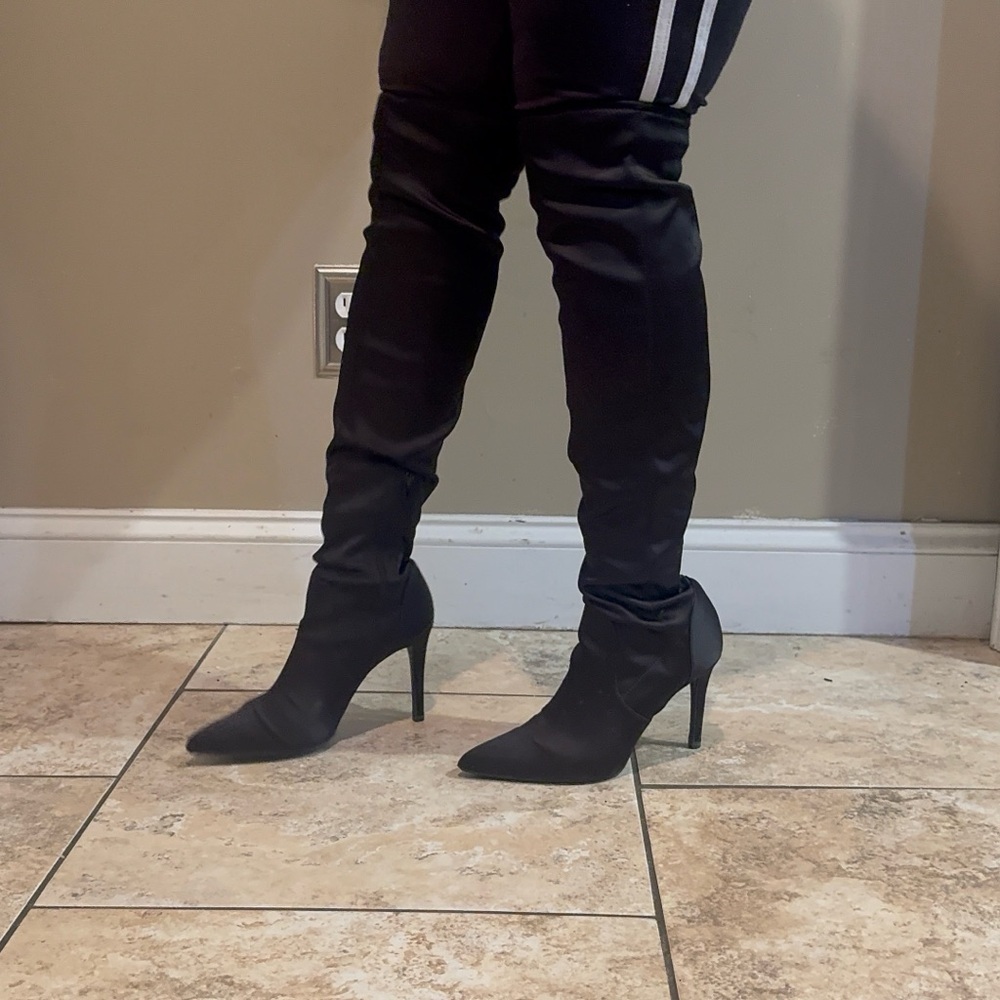 Nine West Elegant Black Satin-like Over the Knee Boots